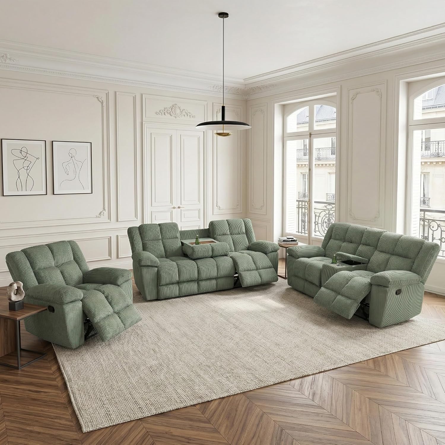 Manual Recliner Sofa Set with Storage Concole, Reclining Couch for Living Room, 3 Pieces Corduroy Reclining Sofa and Loveseat, Chair for Living Room/Apartment/Office (Green, Sofa+Loveseat+Chair)