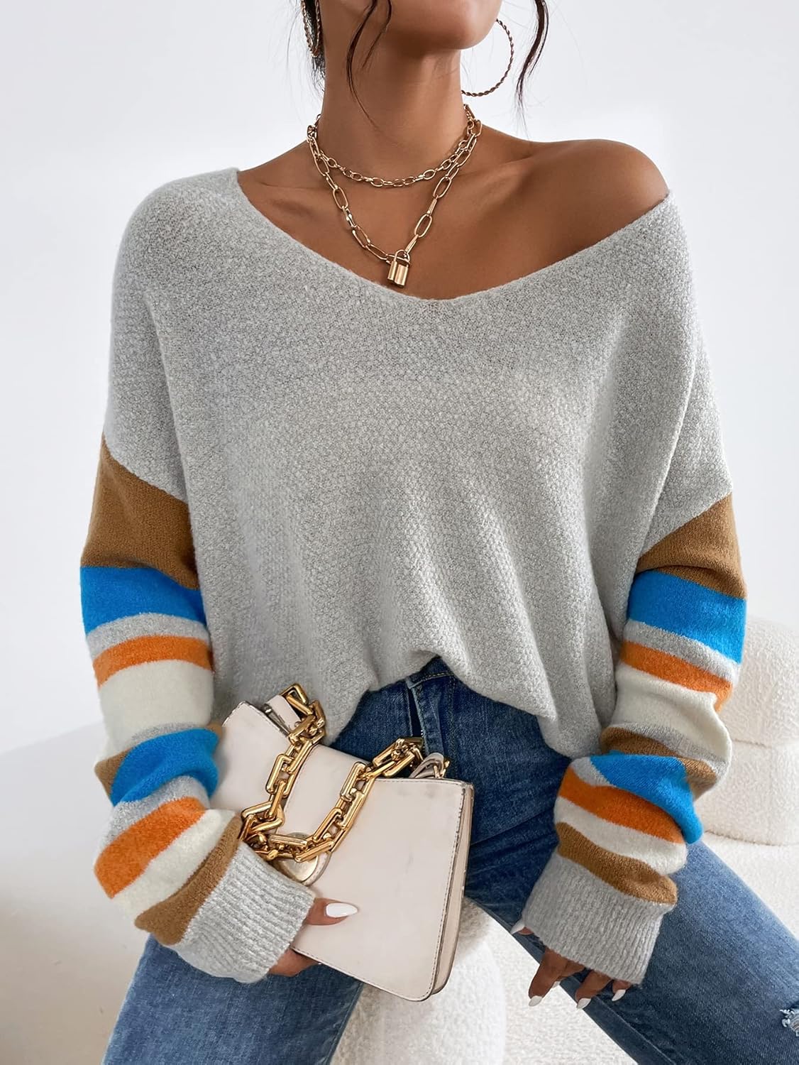 Women's Sweater Color Block Stripe Pattern Drop Shoulder Sweater Sweater for Women (Color : Light Grey, Size : Medium)