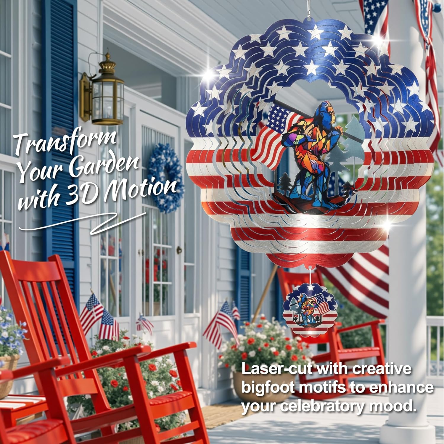 Bigfoot Wind Spinner, 12 Inch Stainless Steel Outdoor Garden Decor with Sasquatch & 3D American Flag Design, Hanging Yard Art for Patio & Indoor Use, Gifts for Men Dad Husband, 1 Pack