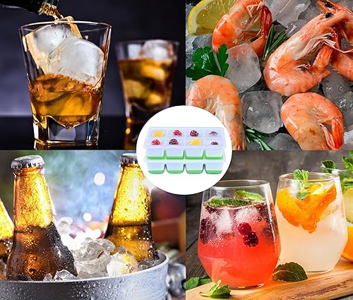 Miniatura 6 de Bandejas grandes para cubitos de hielo con tapa, paquete de 2 moldes apilables de silicona para congelador, fácil liberación, 16 bandejas de hielo