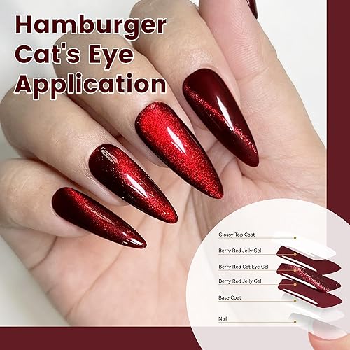 Miniatura 6 de YTD Likomey Juego de Esmalte de Uñas en Gel, Rojo Baya 2 Piezas 15ml Ojo de Gato con Brillo y Conjunto Rojo Sangre Translúcido, Otoño Invierno