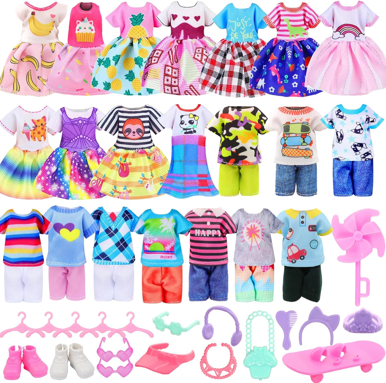 26 PCS for Mini 6 Inch Doll Clothes and Accessories Include 4 Tops, 4 Pants, 4 Dresses, 2 Shoes, Pink Sunglasses 1 Skate and 14 Life Accessories for 5.3 Inch - 6 Inch Dolls
