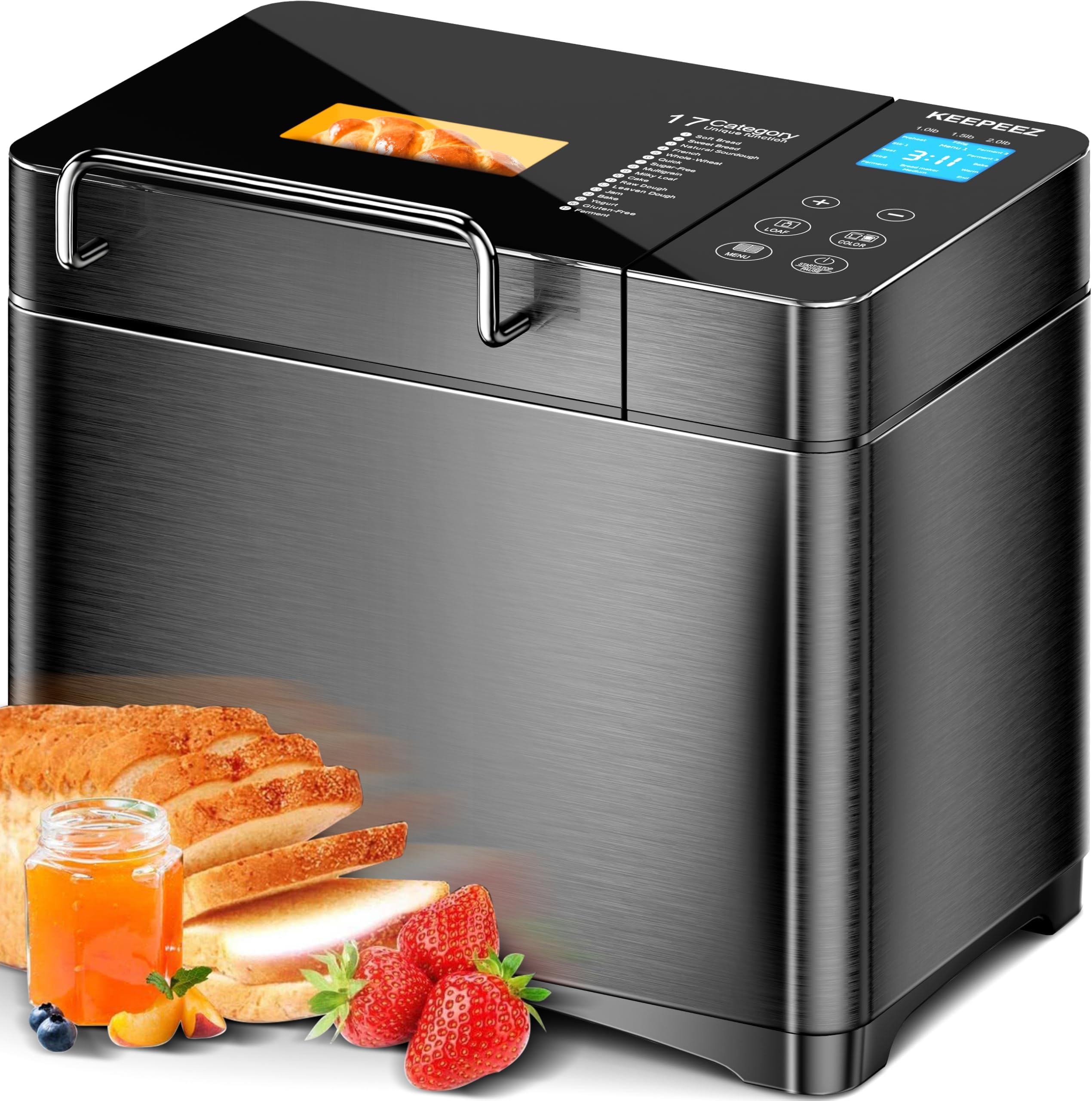 2LB 710W Convection Bread Maker Dual Heaters, 17-in-1 Stainless Steel Automatic Bread Machine Ceramic Pan, Nut Dispenser, Smart Touch Panel, 3 Crust Colors, 15H Timer, Keep Warm, Low Noise