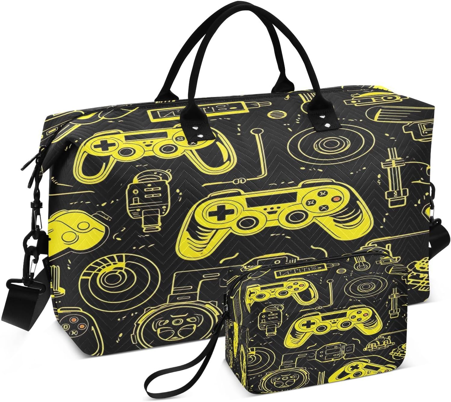 Cartoon Game Controllers Yellow Black Travel Duffel Bag, Shoulder Weekender Overnight Bags - Large Gym Bag with Wet Pocket