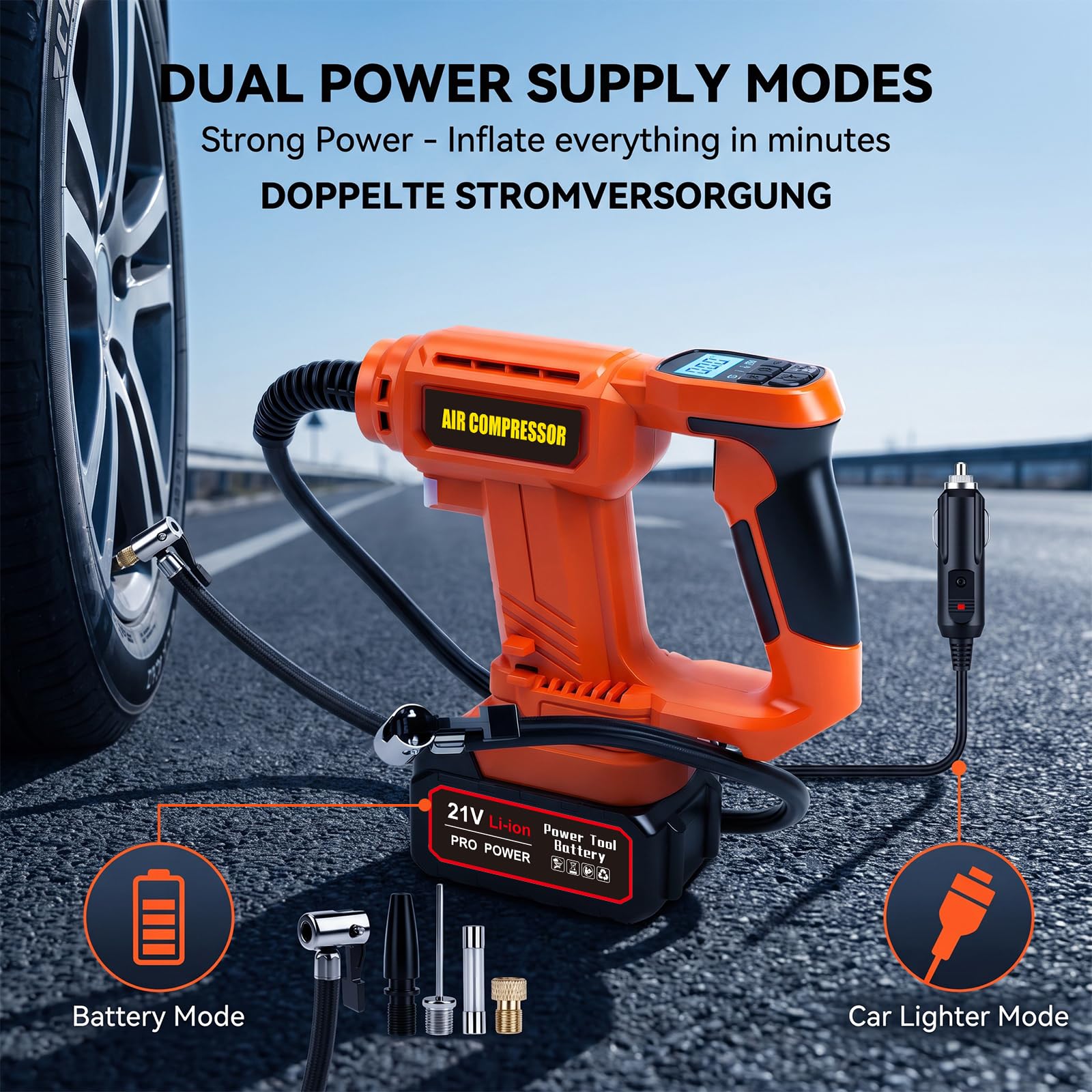 Kabelloser Auto-Luftkompressor, Luftkompressor mit Li-Ionen-Akku, Autoreifen-Pumpe mit LED-Licht für Autos, Motorräder, Fahrräder Sportbälle