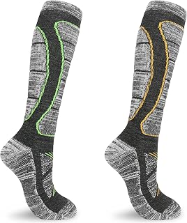 2 Pairs Thermal Ski Socks in Merino Wool,Knee High Long Hose Walking Hiking Socks for Women Men Thick Terry Cushion Outdoor Athletic Socks Wicking Warm Winter Socks Size 4-7