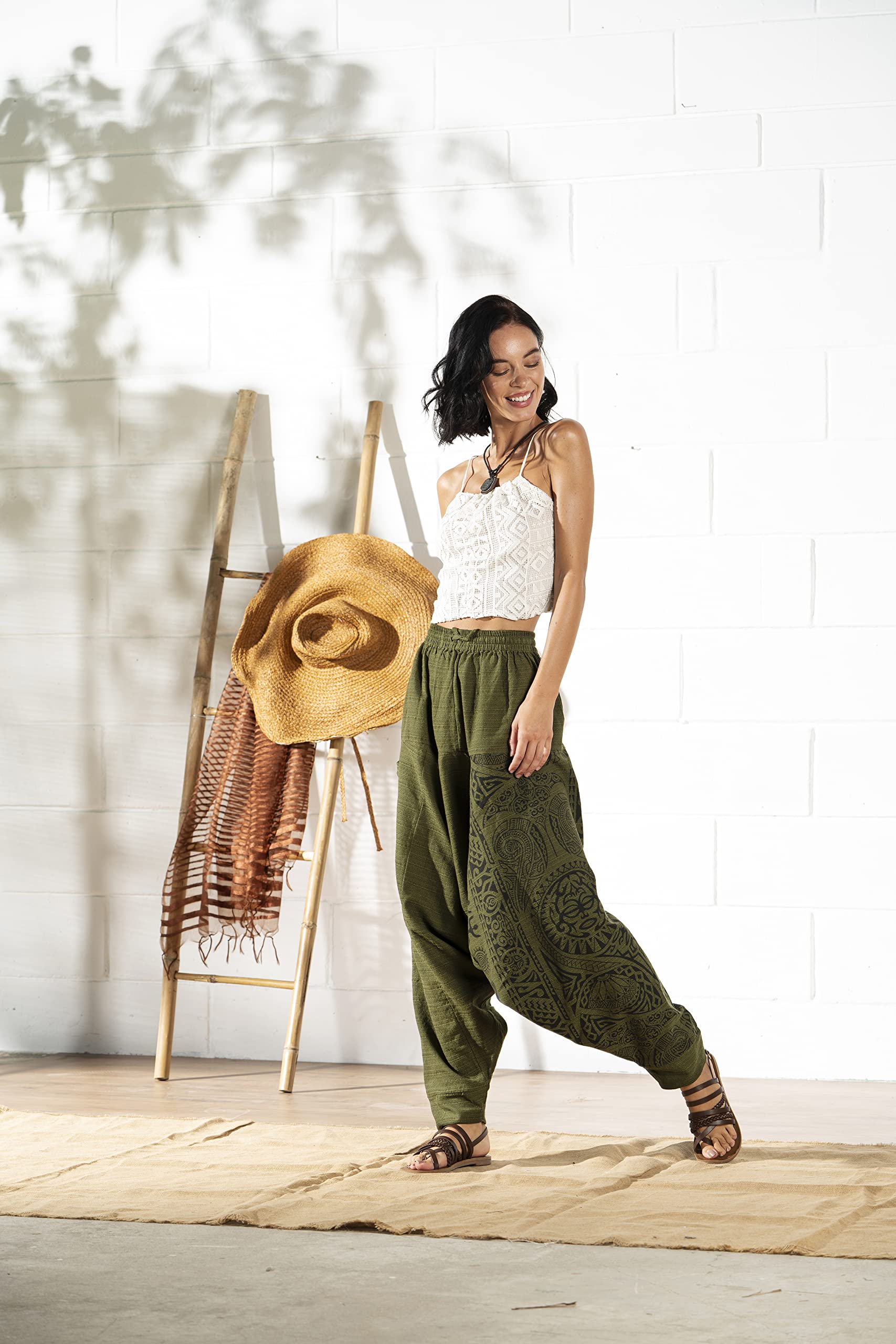 The Veshti Company Printed Hippie Style Boho Harem Pants for Women's, Low Crotch Baggy Loose Yoga Pajama Tribal Pant, Green - Hellbound Heathen, L 1