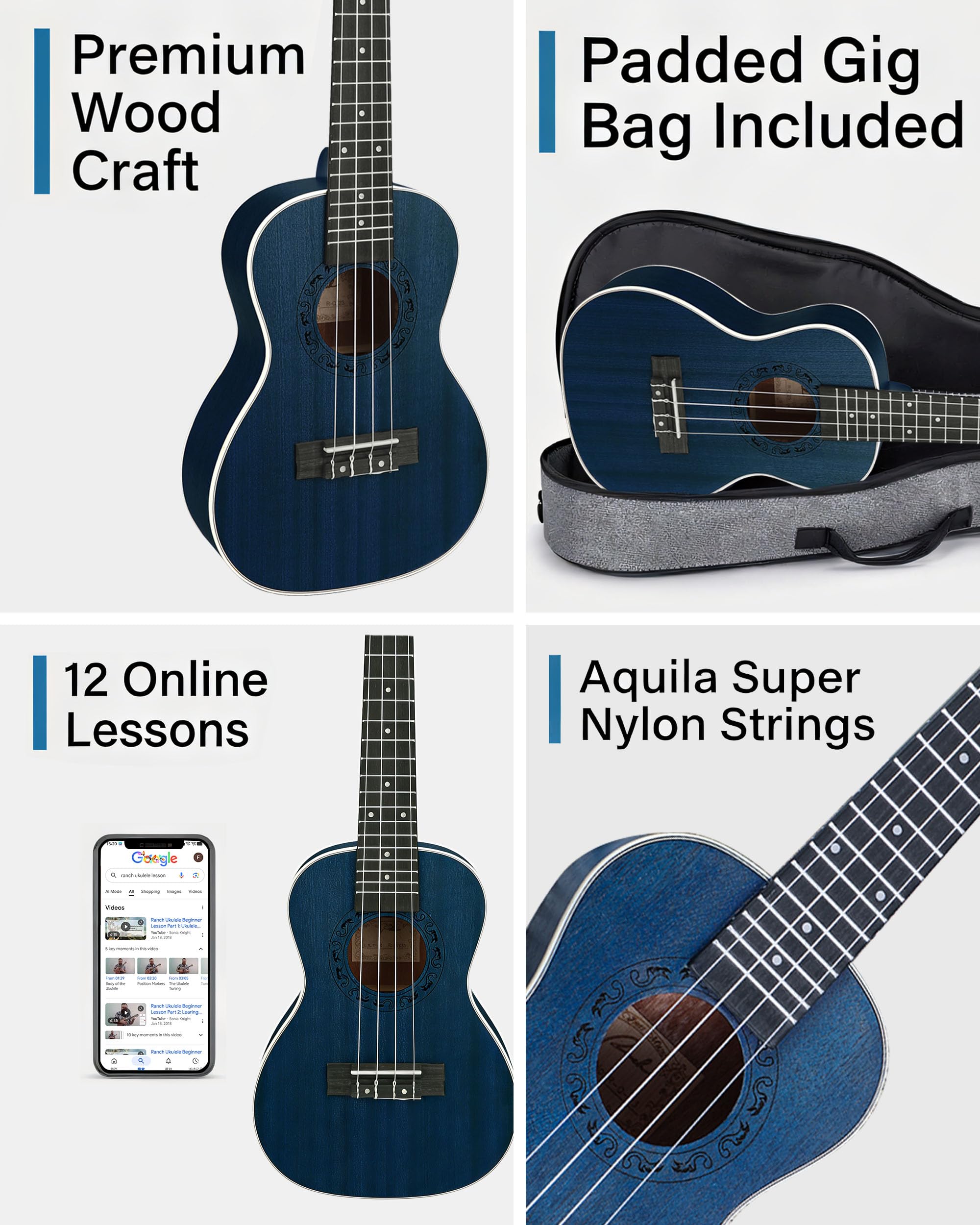 Tenor Ukulele Ranch 66 cm profesjonalny drewniany instrument ukelele z darmowymi lekcjami online i torbą koncertową, mała gitara hawajska, gwiaździsty niebieski