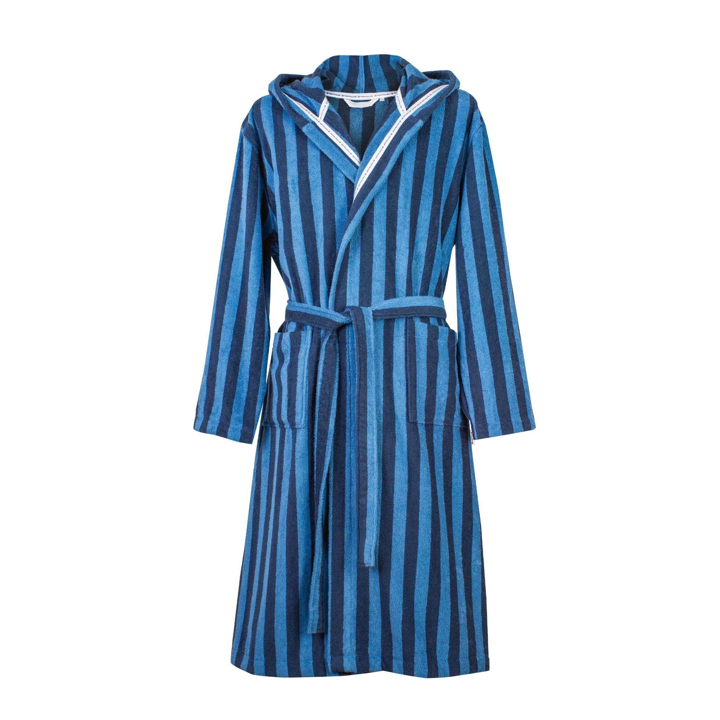 TOM TAILOR Accappatoio per Uomo e Donna, Taglia L, 100% Cotone/Spugna, Con Cappuccio, CLASSIC BATHROBE MEDIUM STRIPES Blue (Dark Navy & Cool Blue)