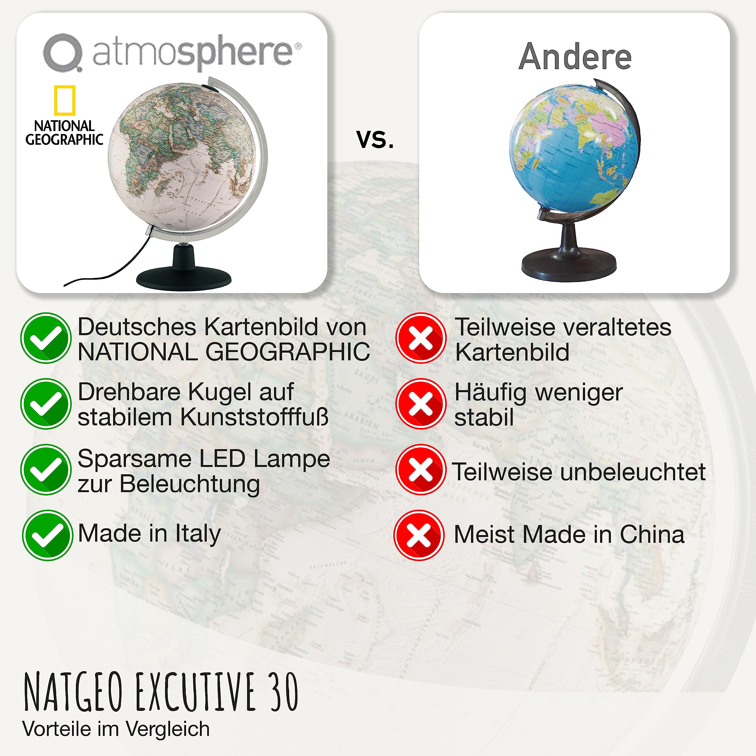 National Geographic NATGEO Executive Antik-Globus - 30 cm Globus mit politisch-physischer Kartografie in deutscher Sprache, beleuchtet und mit drehbaren Kunststofffuß