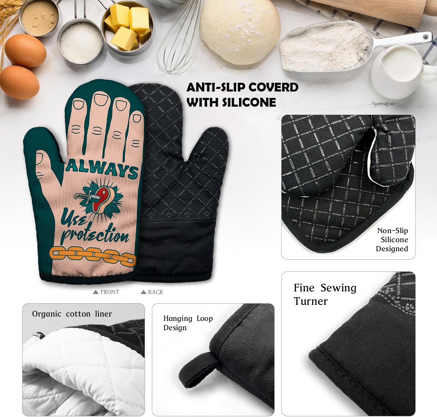 ZHANTUONE Always Use Protection Funny Heat Resistant Oven Mitts 2-Piece Set with Silicone Non-Slip, Humor Home Kitchen Cooking Baking Gadgets, Gifts for Bake Lover Bakers Husband Wife Sister BFF - Image 3
