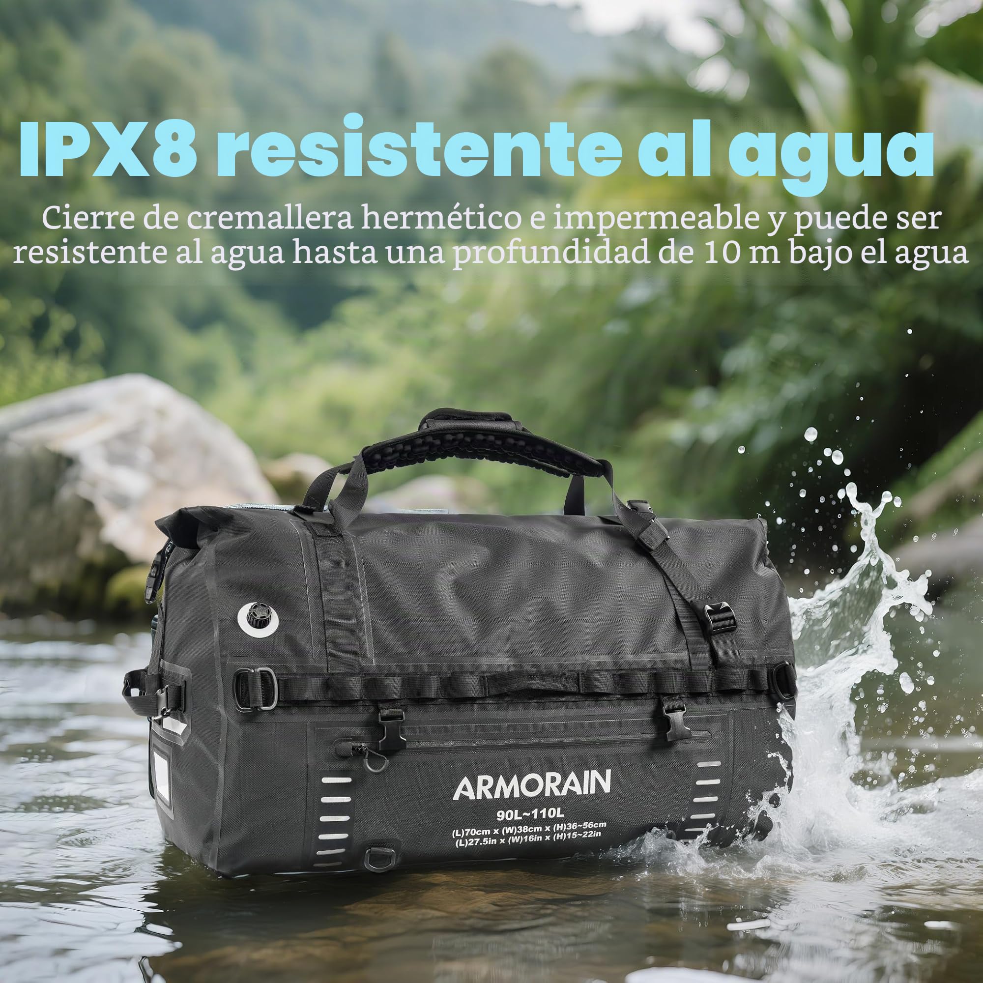 Bolsa de viaje impermeable hermética de gran capacidad ARMORAIN de 90L-110L, equipada con correas para el hombro inflables duraderas y asas, adecuada para equipos de buceo, motocicletas, remo, kayak