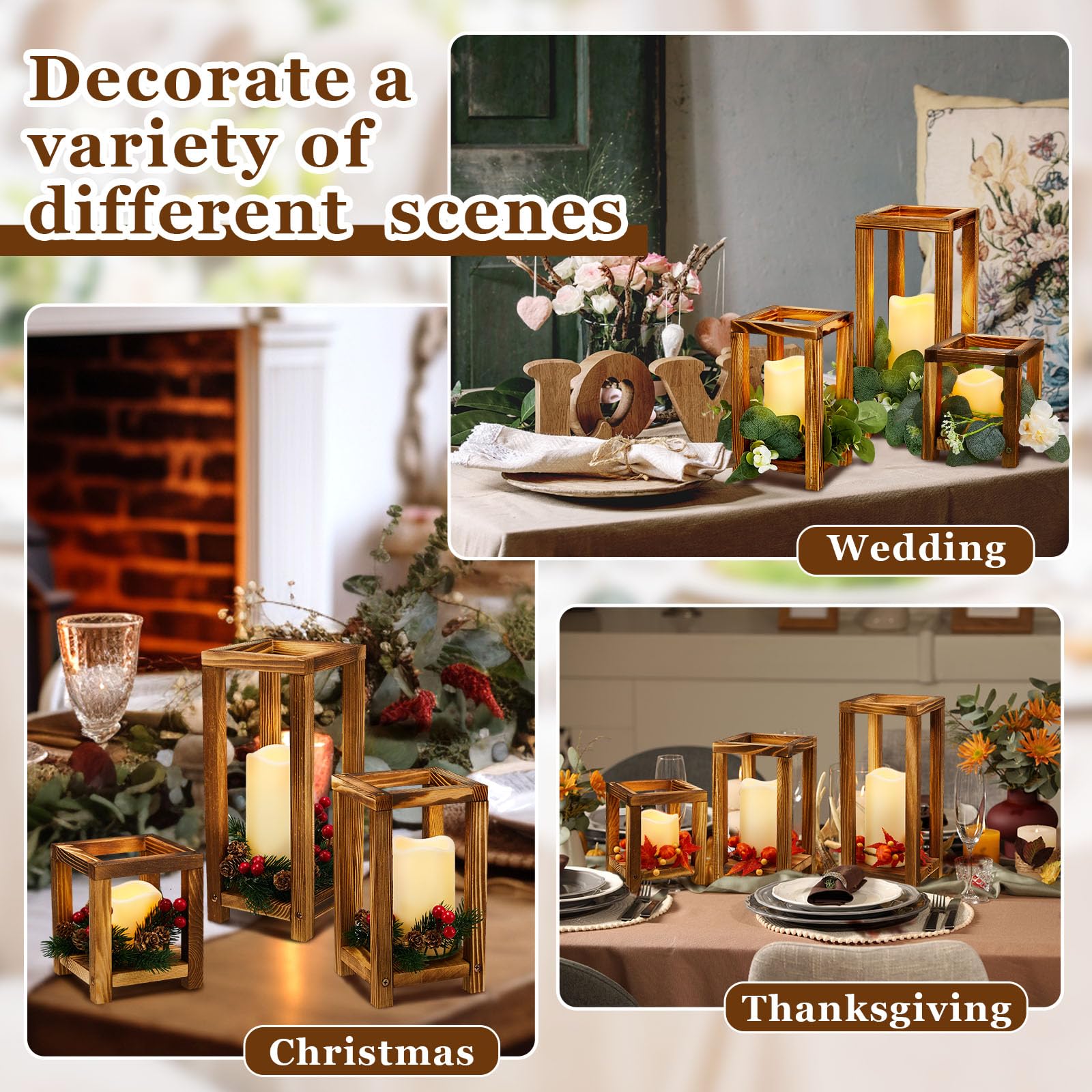 24 faroles de madera para velas que incluyen 12 faroles de boda, 12 portavelas decorativos sin llama, centros de mesa de boda para decoración de mesas y fiestas (marrón) 4