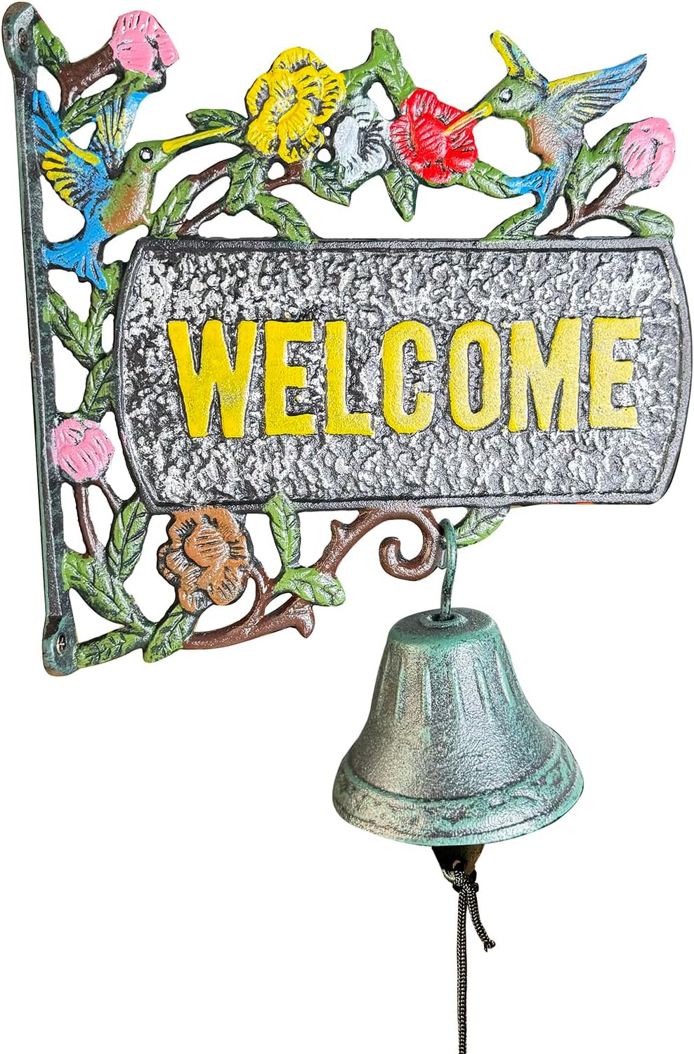 Vintage Cast Iron Welcome Sign with Functional Doorbell (13.5x11 inches) - Decorative Outdoor Wall Hanging with Hand-Painted Birds and Flowers HC7466