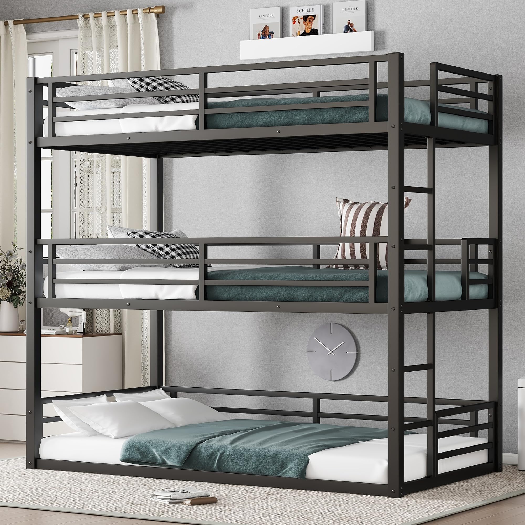 Bunk Beds, Metal Bunk Bed, Triple Bunk Bed for Kids,Teens, Adults, Girls, Boys, Detachable BunkBed Can Be Divided into 3 Twin Beds,No Box Spring Need (Black)