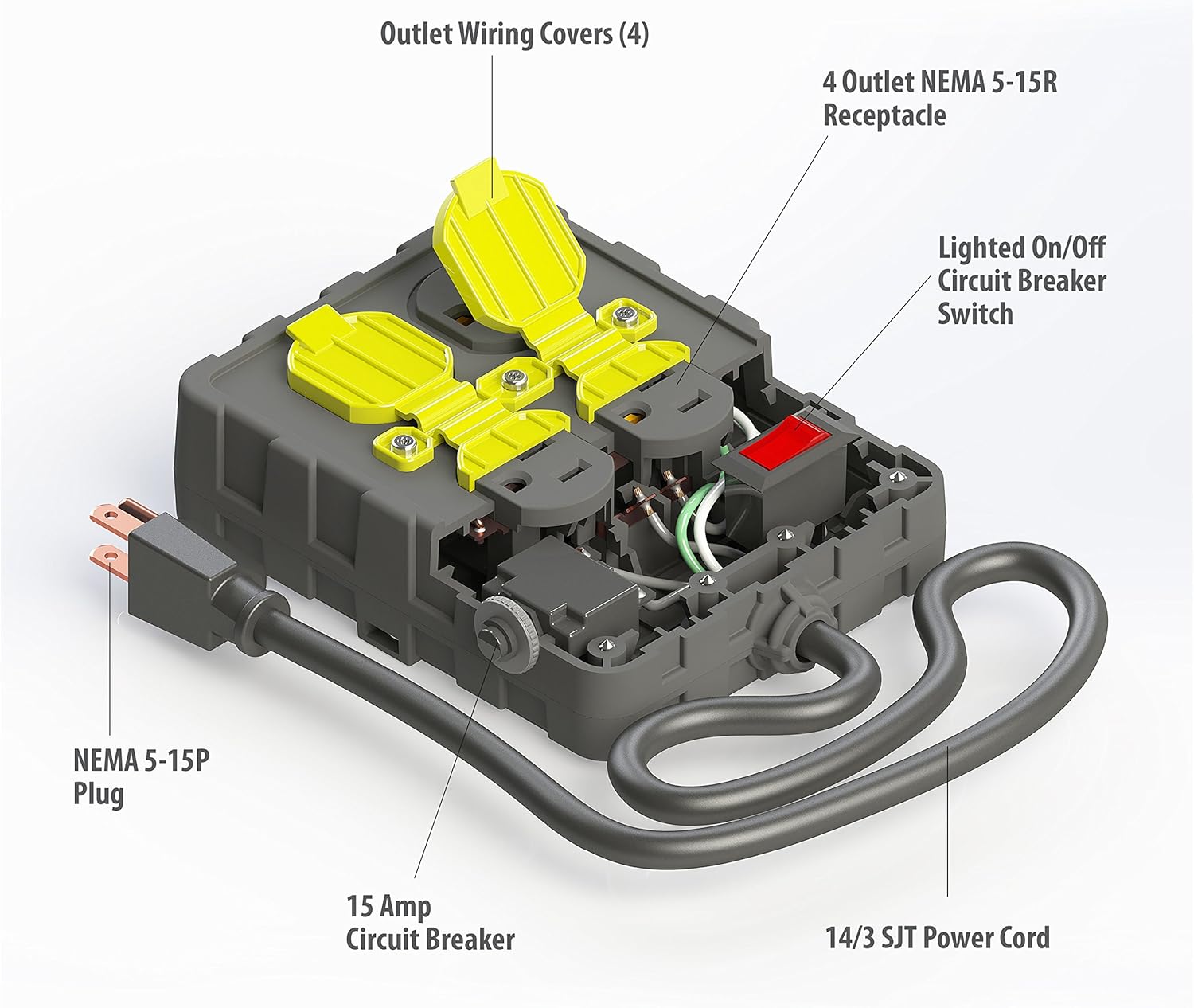 Electriduct Heavy Duty 4-Outlet Circuit Breaker Power Box 15 Amp, 8 Feet Cord