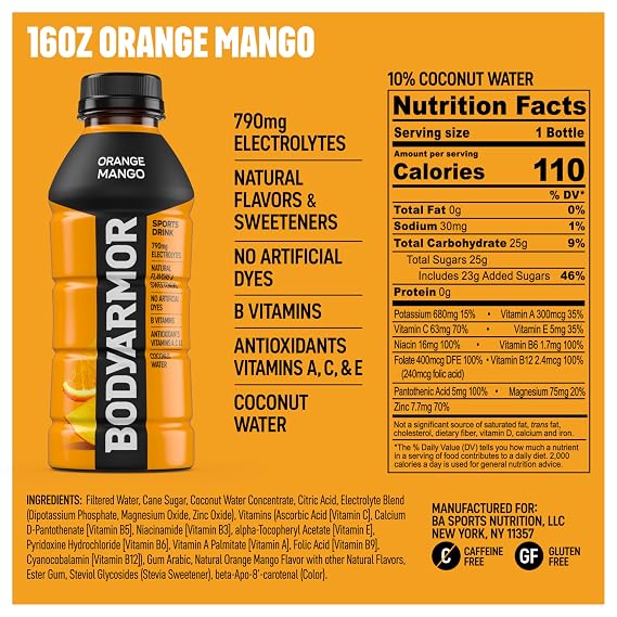 BODYARMOR Sports Drink, Orange Mango, Electrolyte Drink Hydration, 16 Fl Oz Bottles (12 Pack), Flavored Coconut Water with B Vitamins & Antioxidants