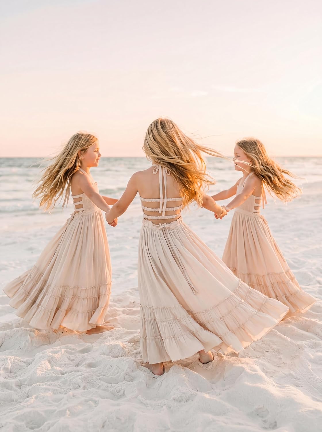 Boho Girls Summer Dress Halter Sleeveless Smocked Flowy Ruffle Flower Girl Maxi Tiered Dress Beach Wedding Holiday