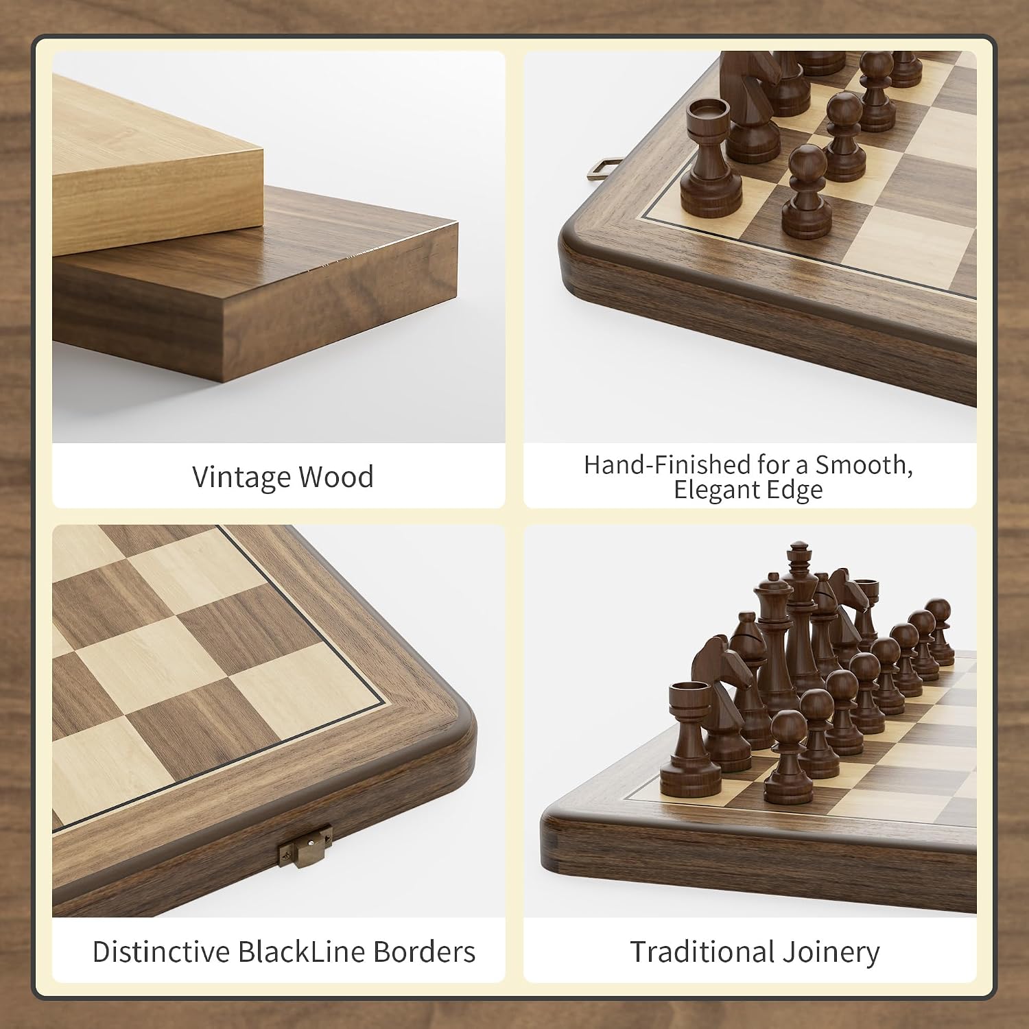 15 Inch Magnetic Wooden Chess Set, Rubberwood Folding Chessboard with Brown Dual-Sided Storage Trays, 2 Extra Queens & Dust-Proof Bag, Portable Travel Board Game(Vintage)