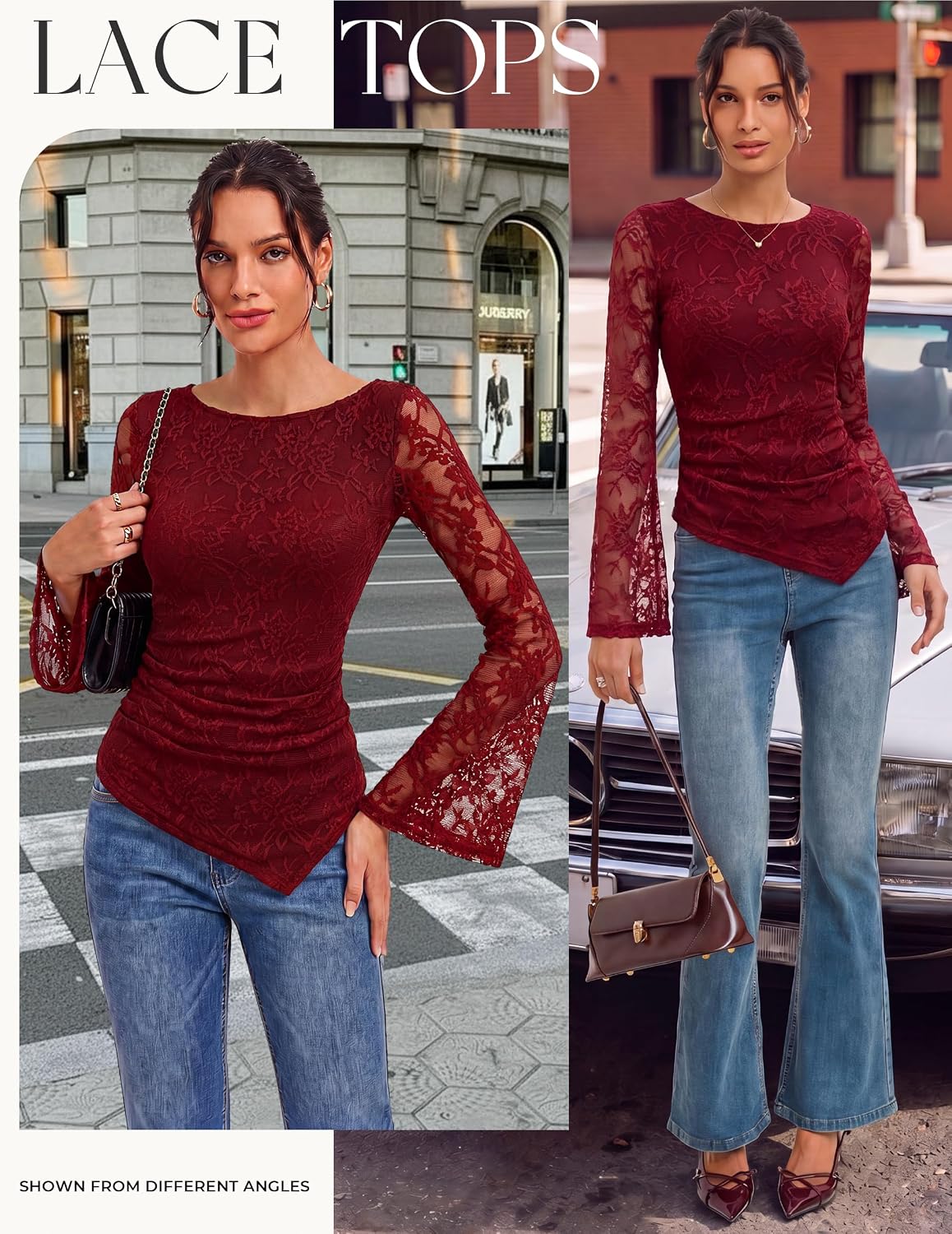 GRACE KARIN Women Lace Top Sheer Bell Long Sleeve Boho Tops Western Shirt Fitted Peplum Blouses Asymmetrical Ruched Dressy