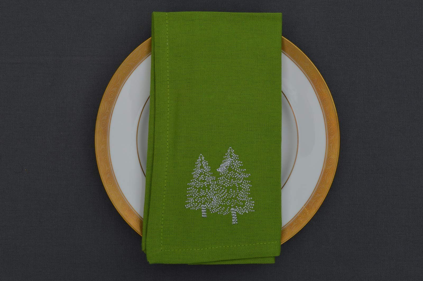 Quayside Home Green Silver Christmas Napkins, 100% Cotton Green With Silver Embroidered Christmas Trees, Pack Of 4