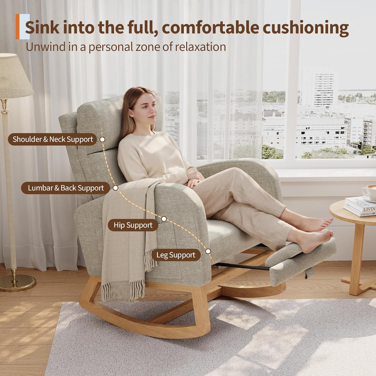 GarveeHome Linen Rocking Chair with Footrest, Modern Nursery Glider Chair with Side Pockets and Pillow, Rocker Chair for Living Room Bedroom Nursing Room, Grey