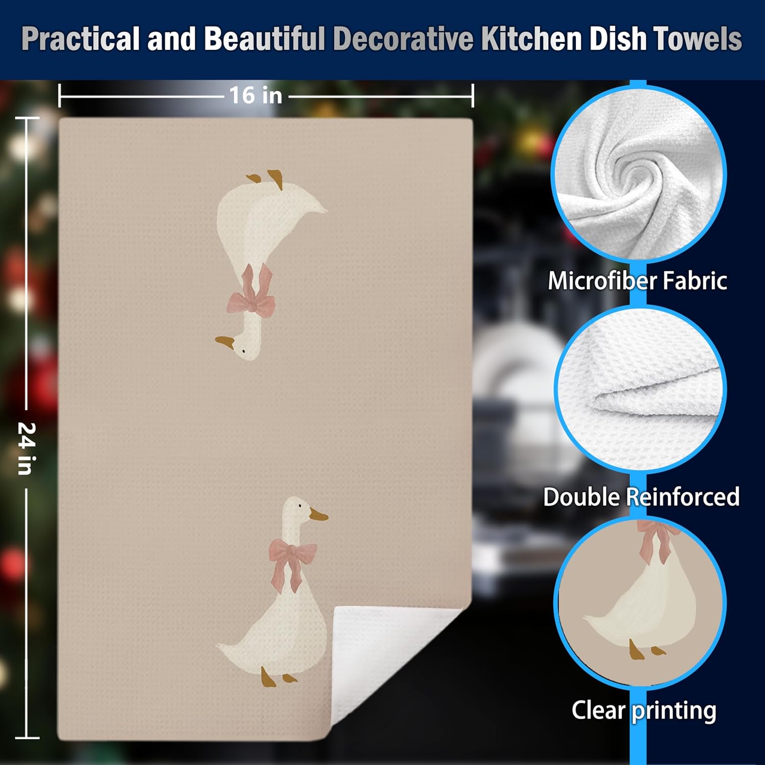 Coquette Pink Bow Goose Kids Hand Towels, Kids Bathroom Decor, Neutral Beige Gingham Checkered Goose Decorative Hand Tea Towels for Nursery Bathroom Washroom Restroom, 16x24 Inches Set of 2