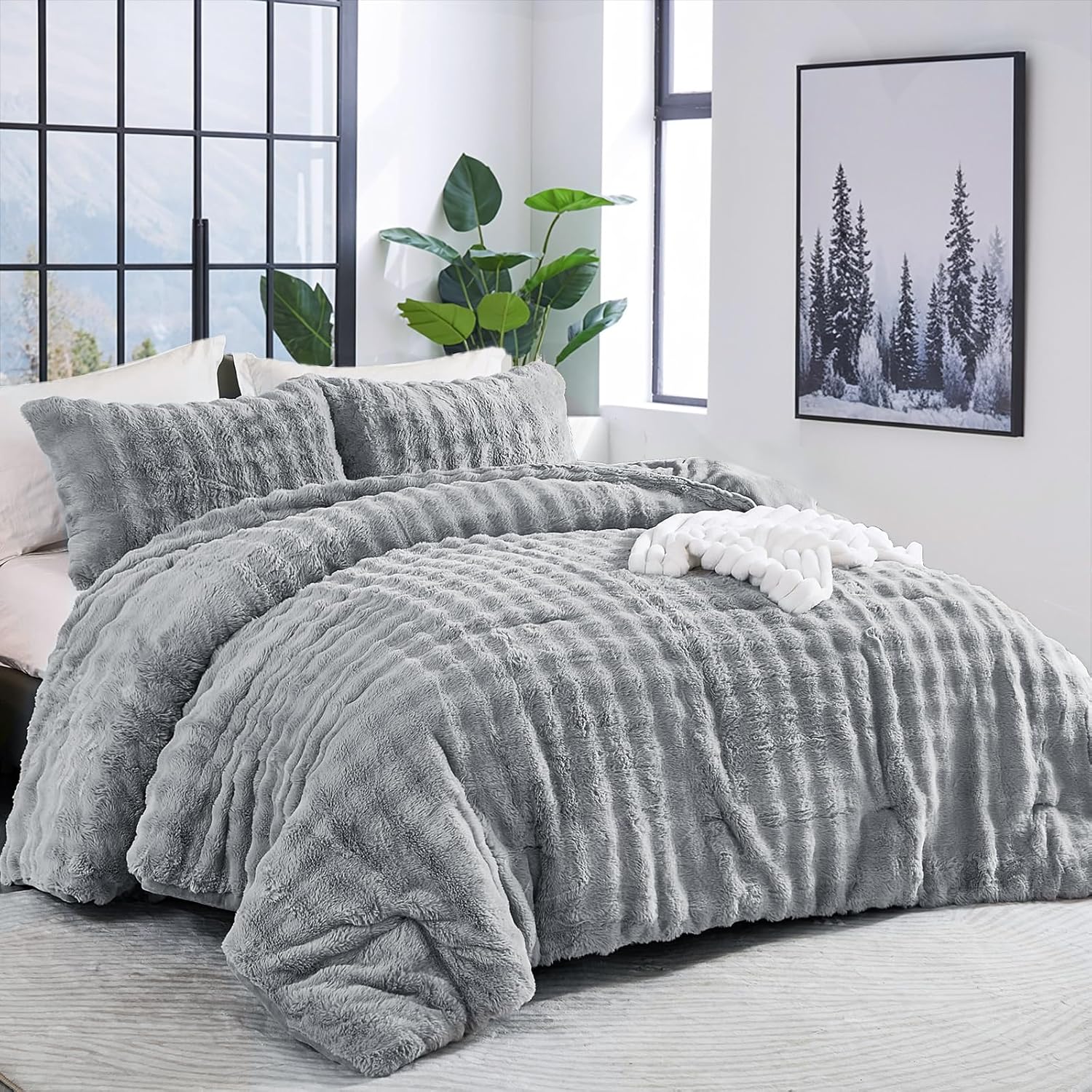 Bedbay Faux Fur Comforter Set King Size Plush Grey Fluffy Comforter Luxury Rabbit Fur Fuzzy Furry Bedding Set 3 Pieces Soft Warm Shaggy Velvet Reversible Quilt Duvet Set for Boys Girls Kids