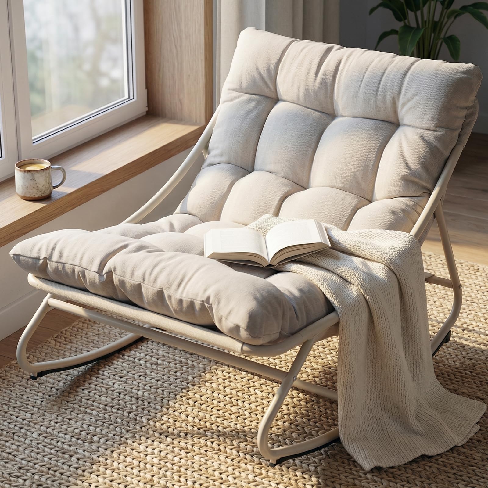 Grand patio Fauteuil à Bascule d’Extérieur avec Coussin – Chaise Relax Ergonomique en Métal, Résistante aux Intempéries, pour Jardin, Terrasse, Balcon & Salon, Jusqu’à 150 kg –Blanc Cassé