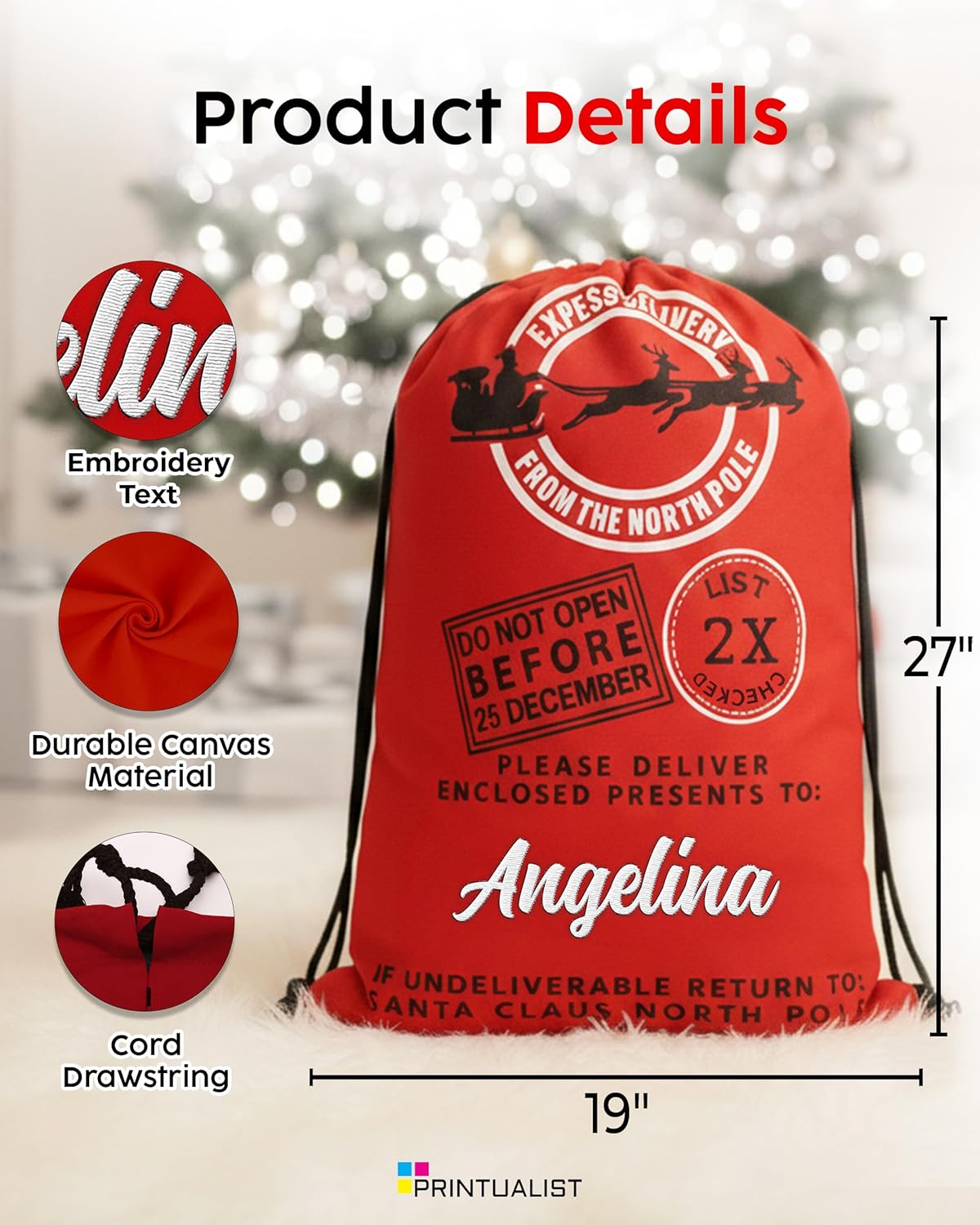 Printualist Personalized Drawstring Christmas Santa Sack, 3 Pack, Beige, Green or Red - Add Your Name - Custom Embroidered Santa Sack Canvas Stocking Bags for Kids, Family