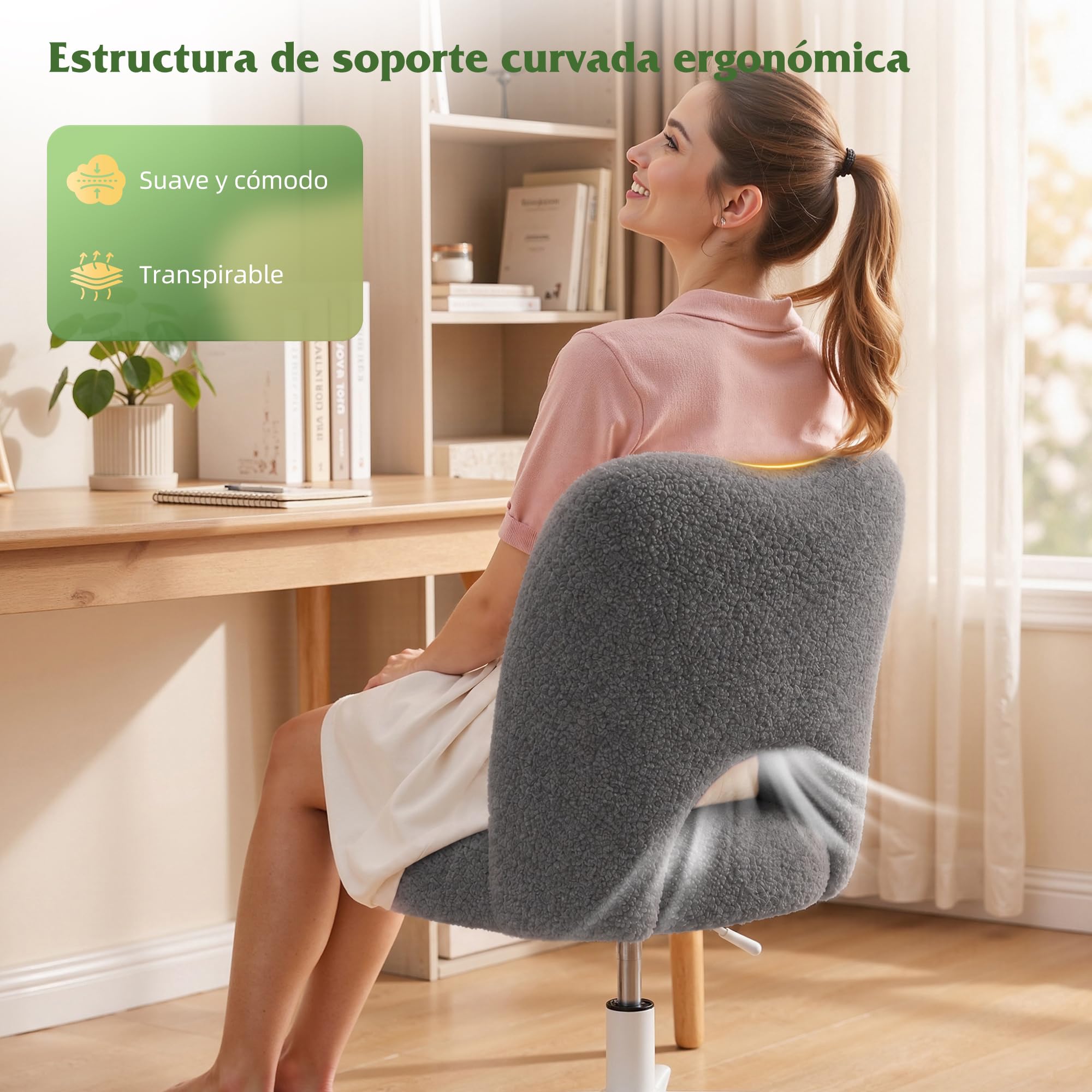Silla de Escritorio con Ruedas, Silla de tocador de Peluche Transpirable, Altura Regulable, soporta hasta 200kg, Adecuada para Oficina, habitación y Estudio, Familiar, Gris