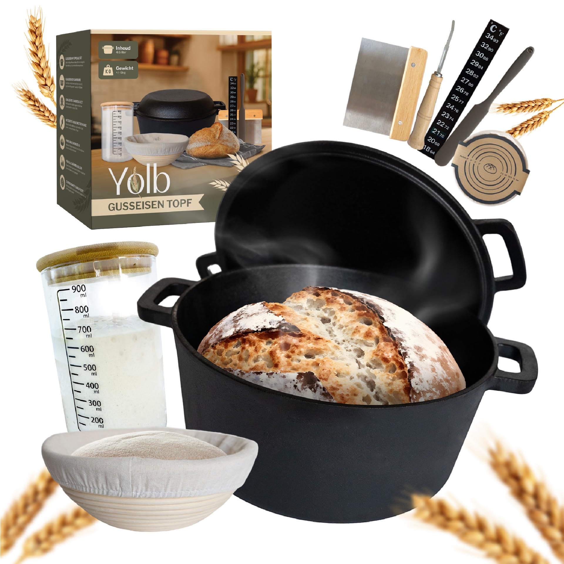 sauerteig Brotbacktopf – Gusseisen Topf mit Deckel (Dutch Oven), Sauerteig-Starter-set mit Sauerteig zubehör, brotbackform – Komplettes XL-Sauerteig Brotbackset zum Brotbacken im Ofen.