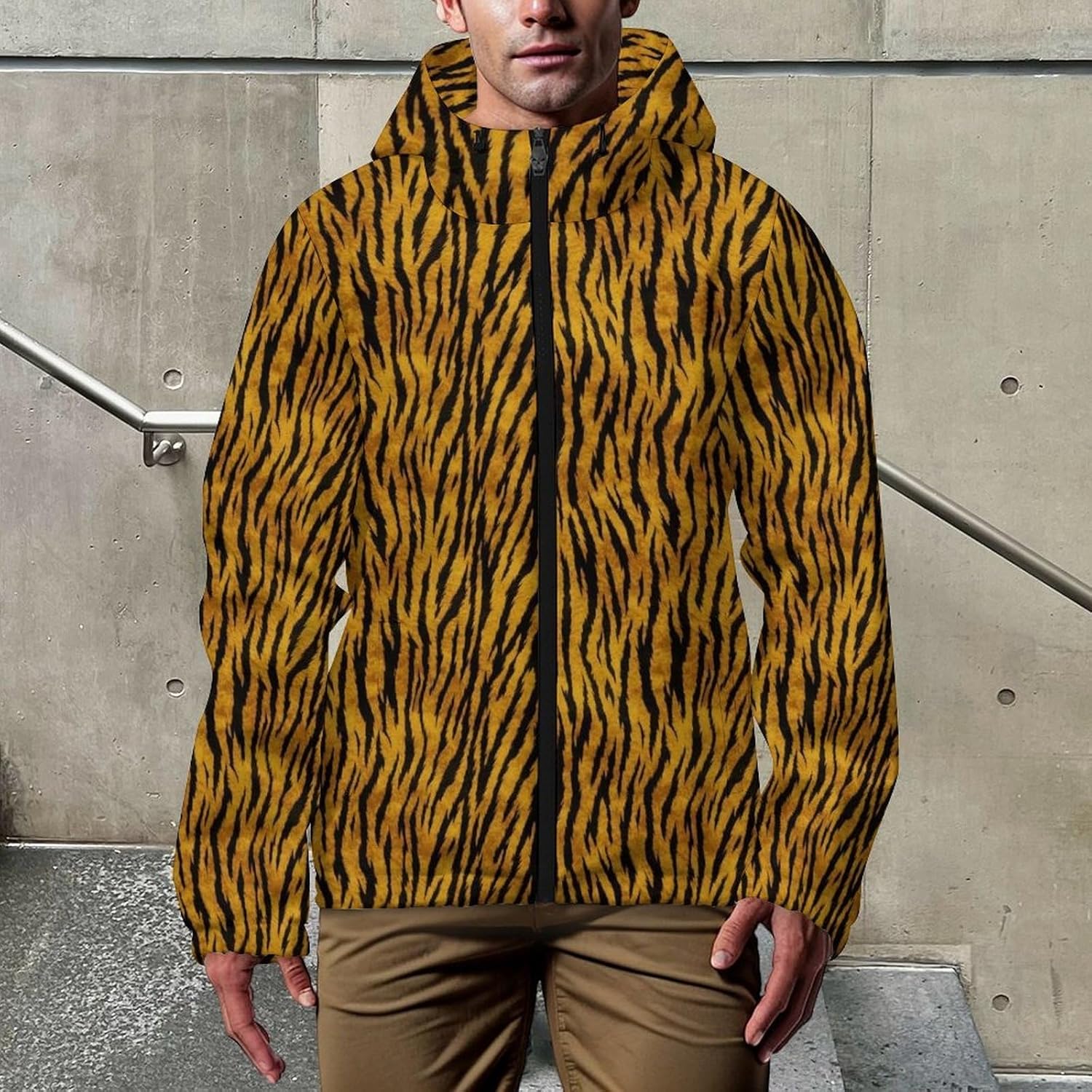 Green Gold Tiger Pattern Men's Windbreaker Jacket Lightweight Hooded Windbreaker Coat with Pockets