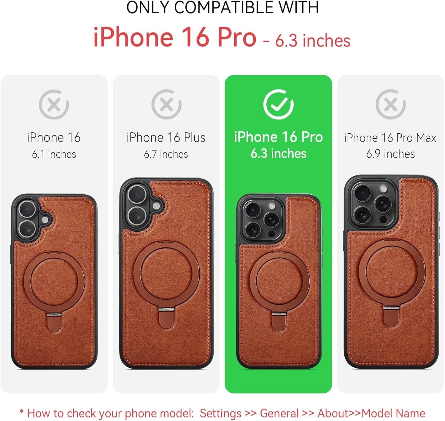 for iPhone 16 Pro Case with Stand Compatible with Magsafe Slim PU Leather & Durable TPU Drop Proof Magnetic Kickstand Protective Phone Cover with Tempered Glass Screen Protector 6.3", Brown - Image 2