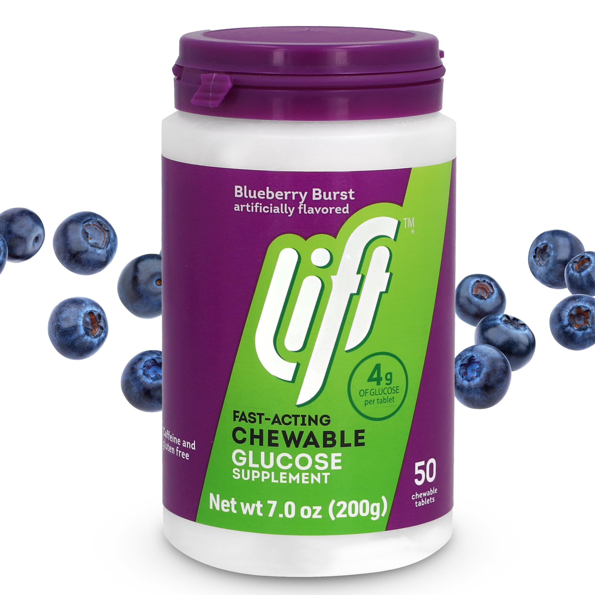 Lift Glucose Fast-Acting Glucose Chewable Energy Tablets, Blueberry, 50 ct Jar (Pack of 1)