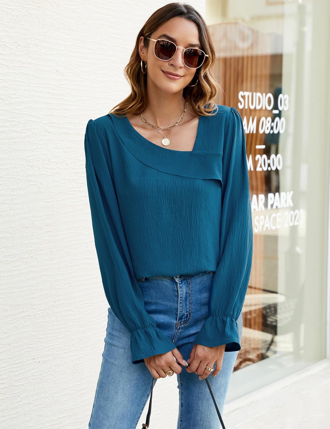 BMJL Womens Blouses Dressy Casual Asymmetrical Neck Long Sleeve Shirts Business Work Fall Tops - Image 2