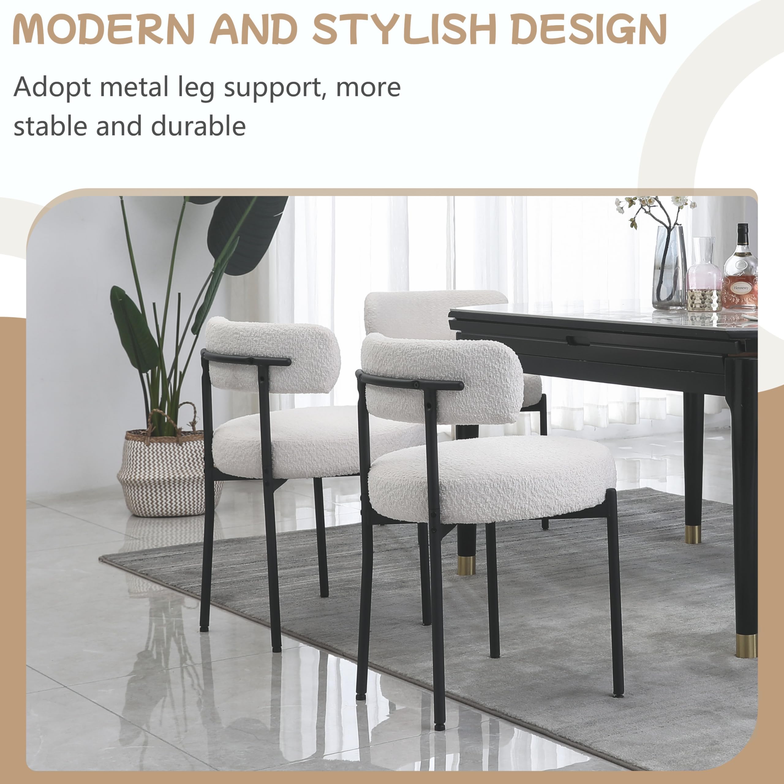 Set di 4 sedie da sala da pranzo con schienale, struttura in metallo nero, imbottita, moderna, design retrò, per cucina, sala da pranzo, bianco