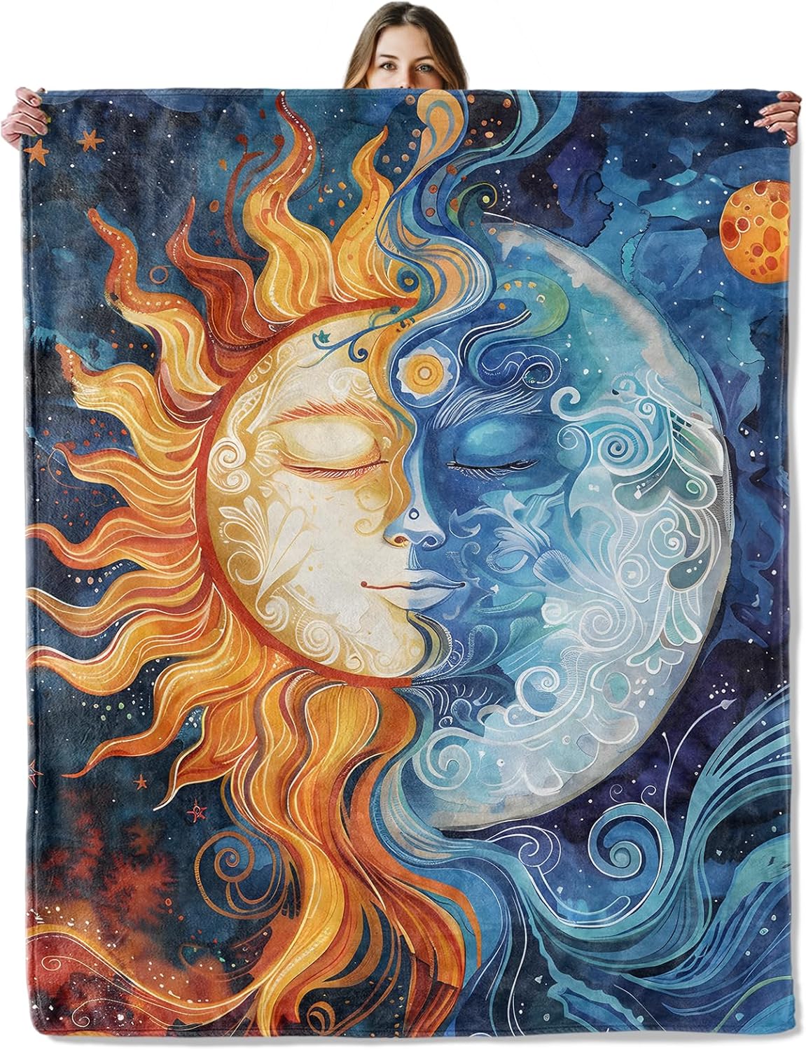 Sun and Moon Celestial Throw Blanket for Girls Boys Kids Adults, 60x80 in, Cozy Flannel Blanket for Bedroom, Camping, Couch, Room Decor, Fuzzy Warm Soft Gifts