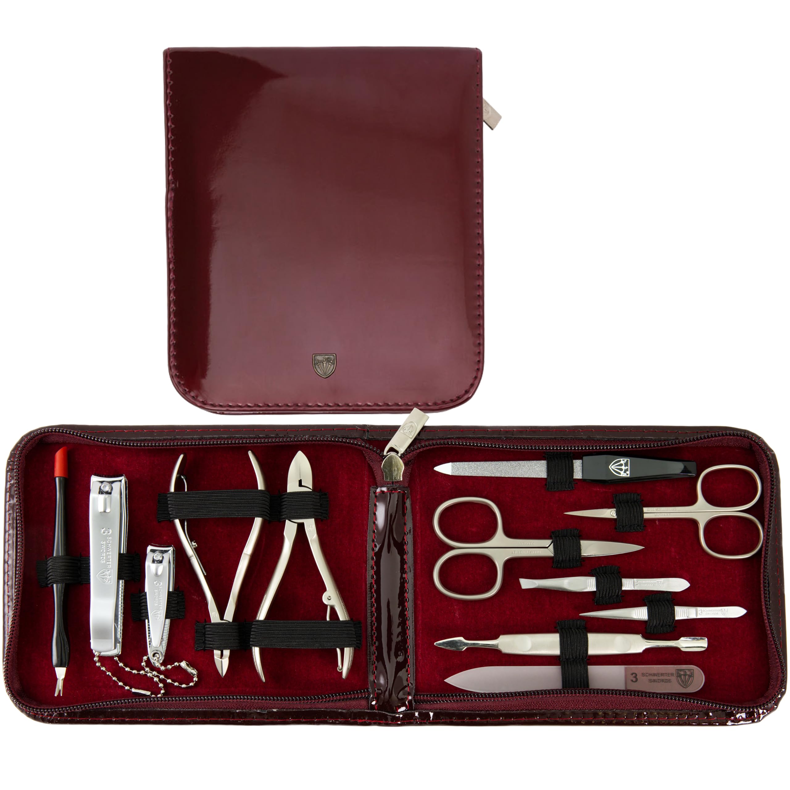 3 Swords Germany - brand quality 12 piece manicure pedicure grooming kit set for professional finger & toe nail care with burgundy synthetic leather