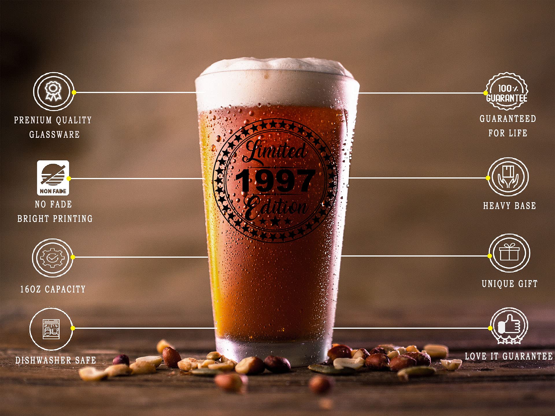 Amazon.com | PREZZY Vintage 25th Birthday Beer Glass Classic 1997 25  Limited Edition Pint Glasses 16oz: Beer Glasses