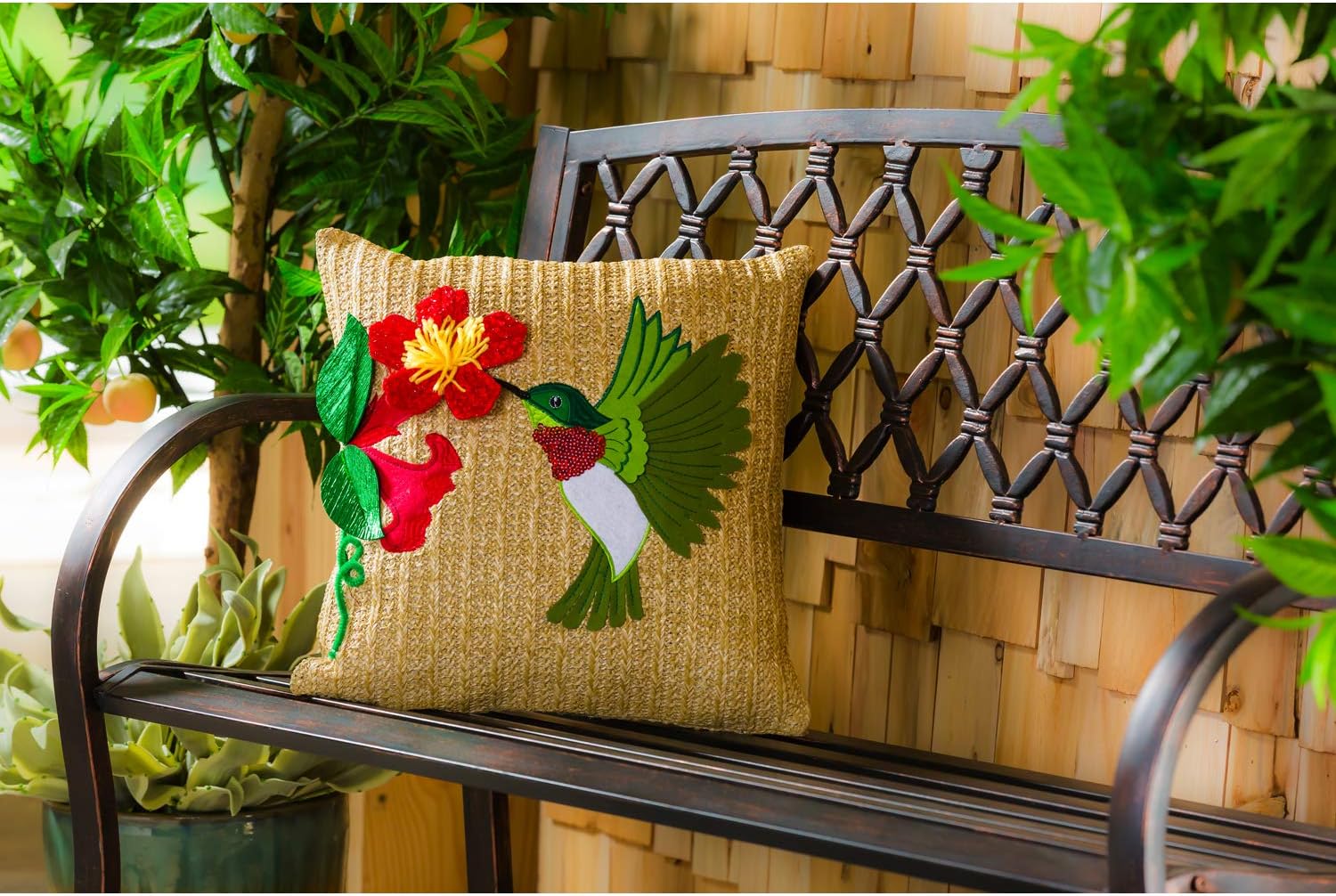 Evergreen Garden Hummingbird Outdoor Raffia Pillow - 18 x 2 x 18 Inches