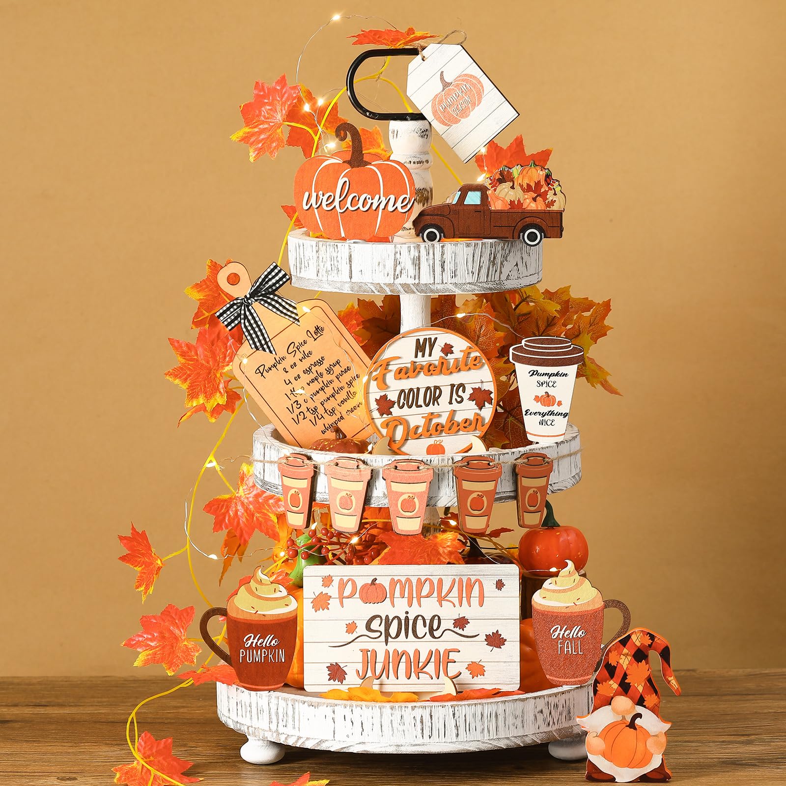 SYNCVIBE Fall Decor Set – 7 PCS Thanksgiving Tiered Tray Decor With Wooden Pumpkin Truck, Faux Books, Farmhouse Centerpiece For Mantel, Shelf, Table - View #2