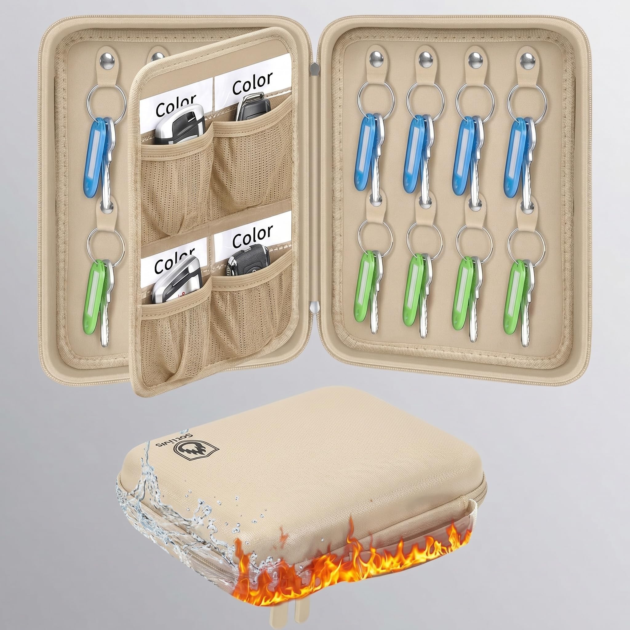 Key Organizer Case, Fireproof &amp; Waterproof Key Holder Storage Bag with 16pcs Keys Tags, Portable Zippered Key Box for Home, Office, Estate Sales, Hotel Executives (Khaki, 16 Keys Tags)