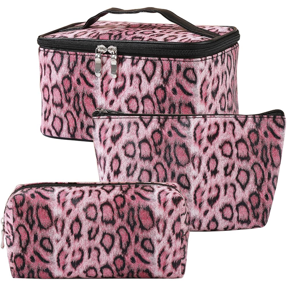 Kaxich 3 Stück Kosmetiktaschen, Kosmetiktasche Set Damen, Kulturtasche Damen Kulturbeutel Make Up Tasche mit Leopardenmuster, Reise Schminktasche für Mädchen Frauen (Rose)