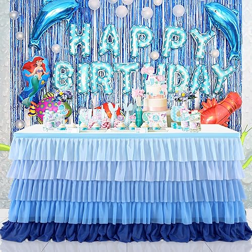 Miniatura 29 de Mantel de sirena para decoración de cumpleaños, falda de mesa tutú para mesas rectangulares, océano bajo el mar, fiesta, 9 pies