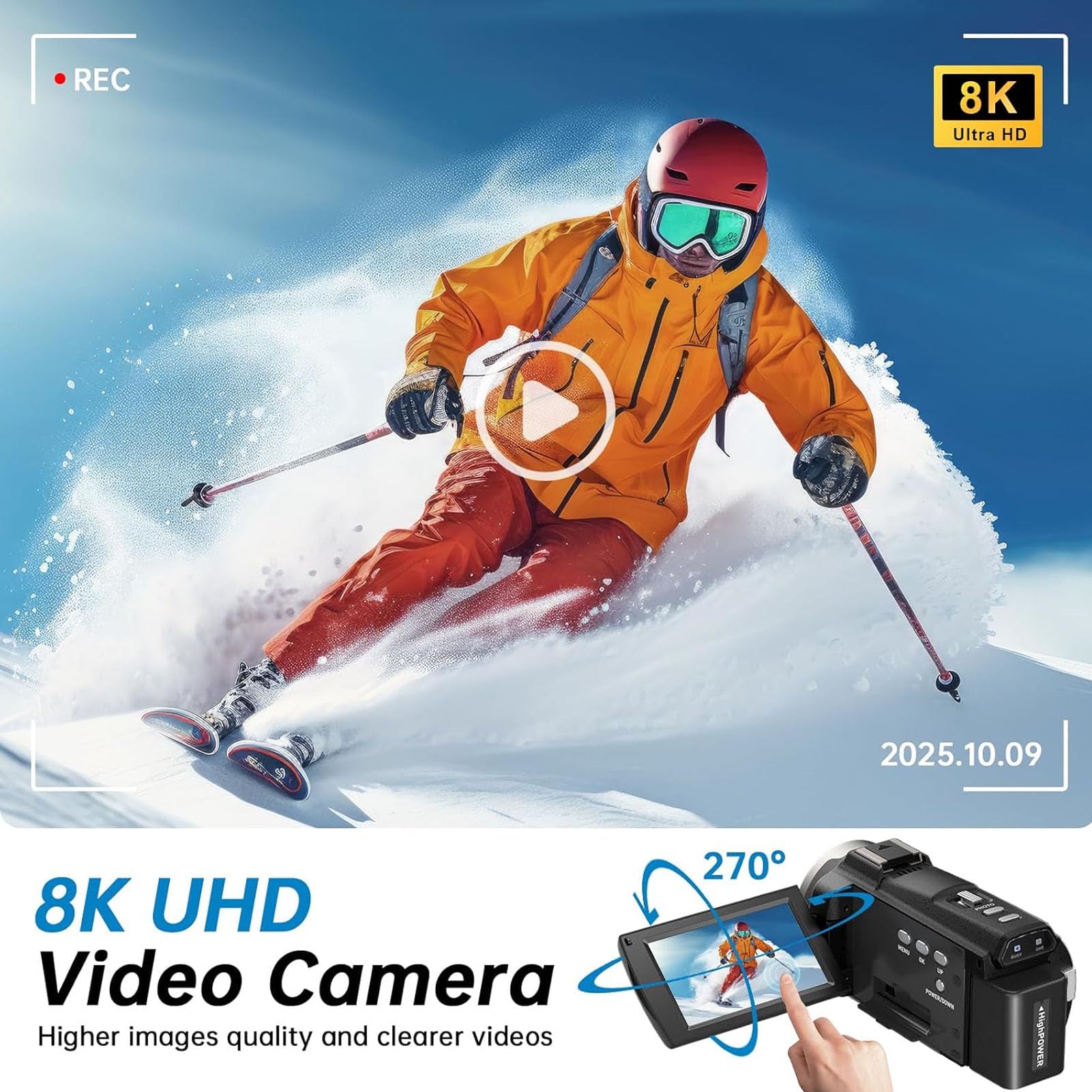 Denash Cámara de Vídeo 8K, Videocámara HD de 64 MP con Pantalla Táctil de 3,0", Zoom Digital de 18x y Estabilización de 6 Ejes, Cámara Vlogging con Micrófono para Fotografía