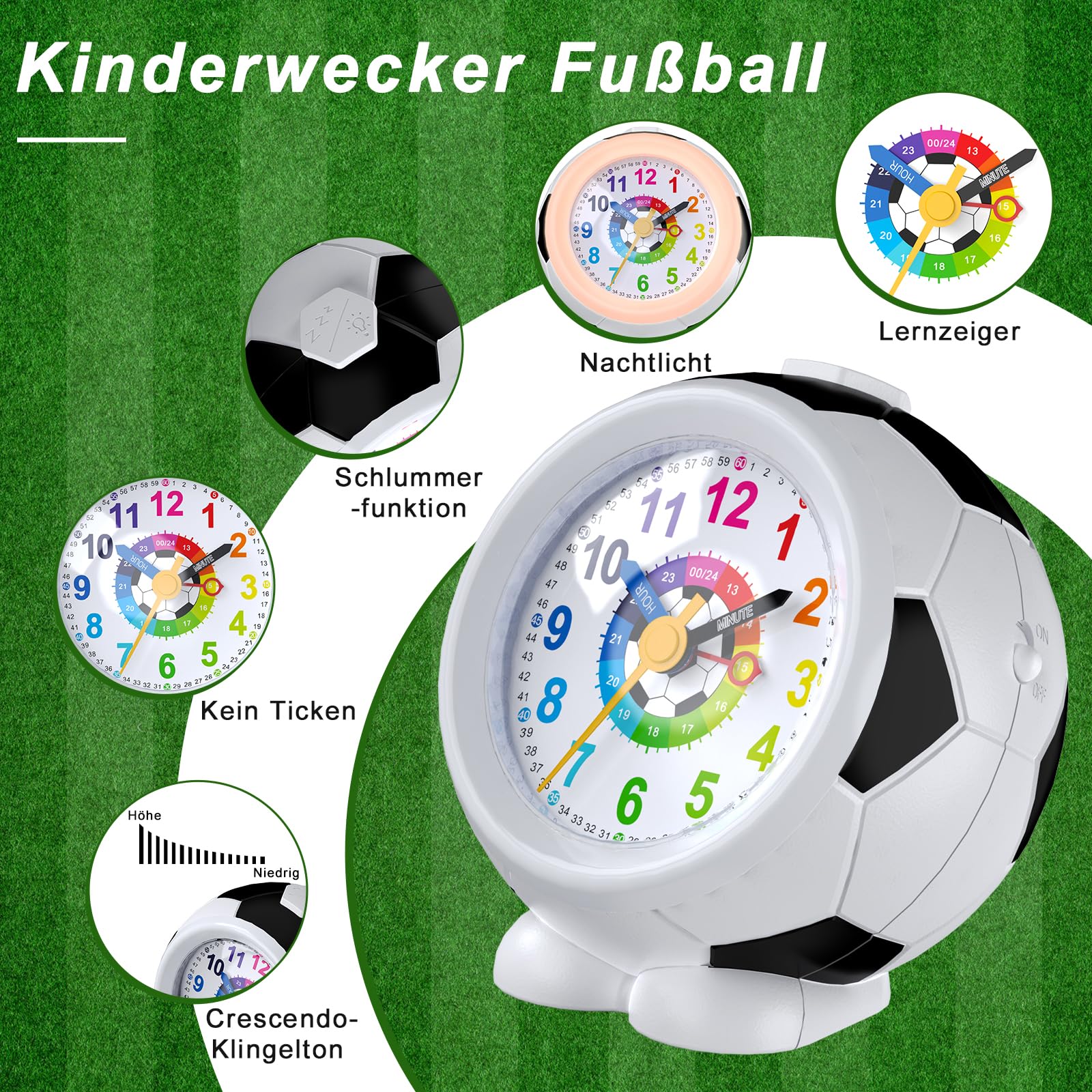Réveil Enfant Football Garçon Fille Horloge Pédagogique Analogique Silencieux sans Tic-Tac avec Veilleuse Snooze Antidérapant Idée Cadeau Éducatif 5-12 Ans