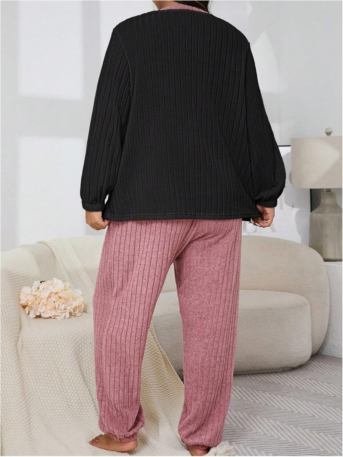Verdusa Women's Plus Size Ribbed Pajama Set 2 Piece Half Sleeve Top and Pants