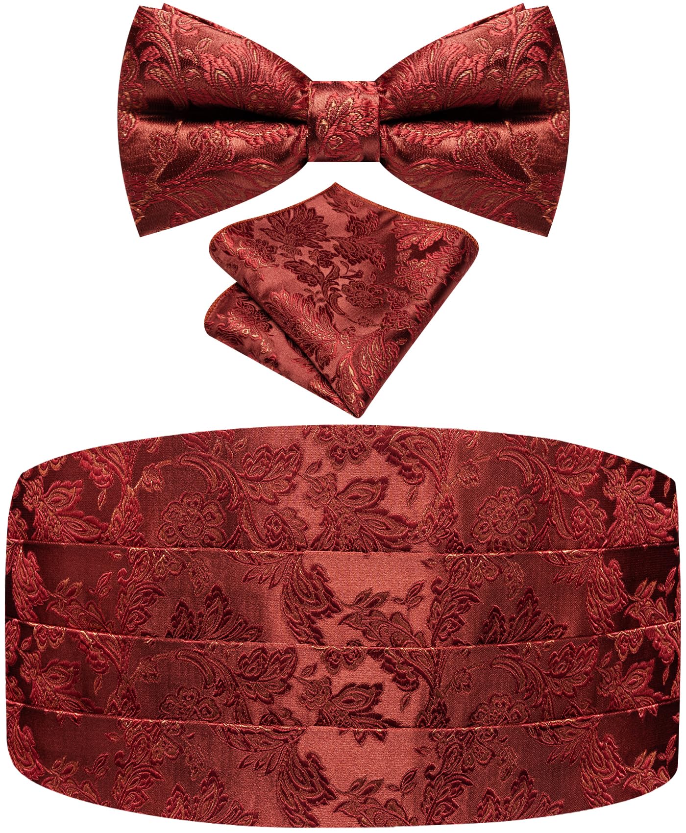 Paisley Floral Tuxedo Cummerbund Bow Tie Pocket Square Set for Men