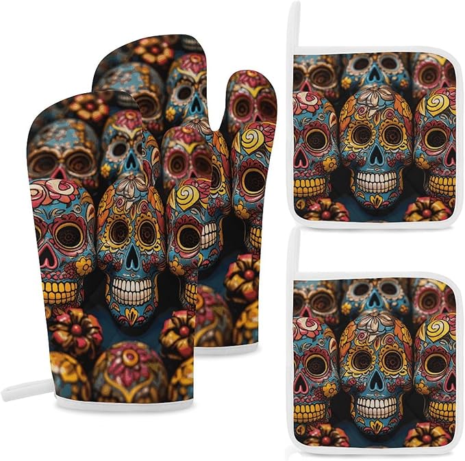 4 Pcs Oven Mitts and Pot Holders Set Kitchen Oven Gloves Heat Resistant Potholders Non-Slip Hot Pads Colorful Sugar Skulls Oven Mits for Cooking Baking Grilling